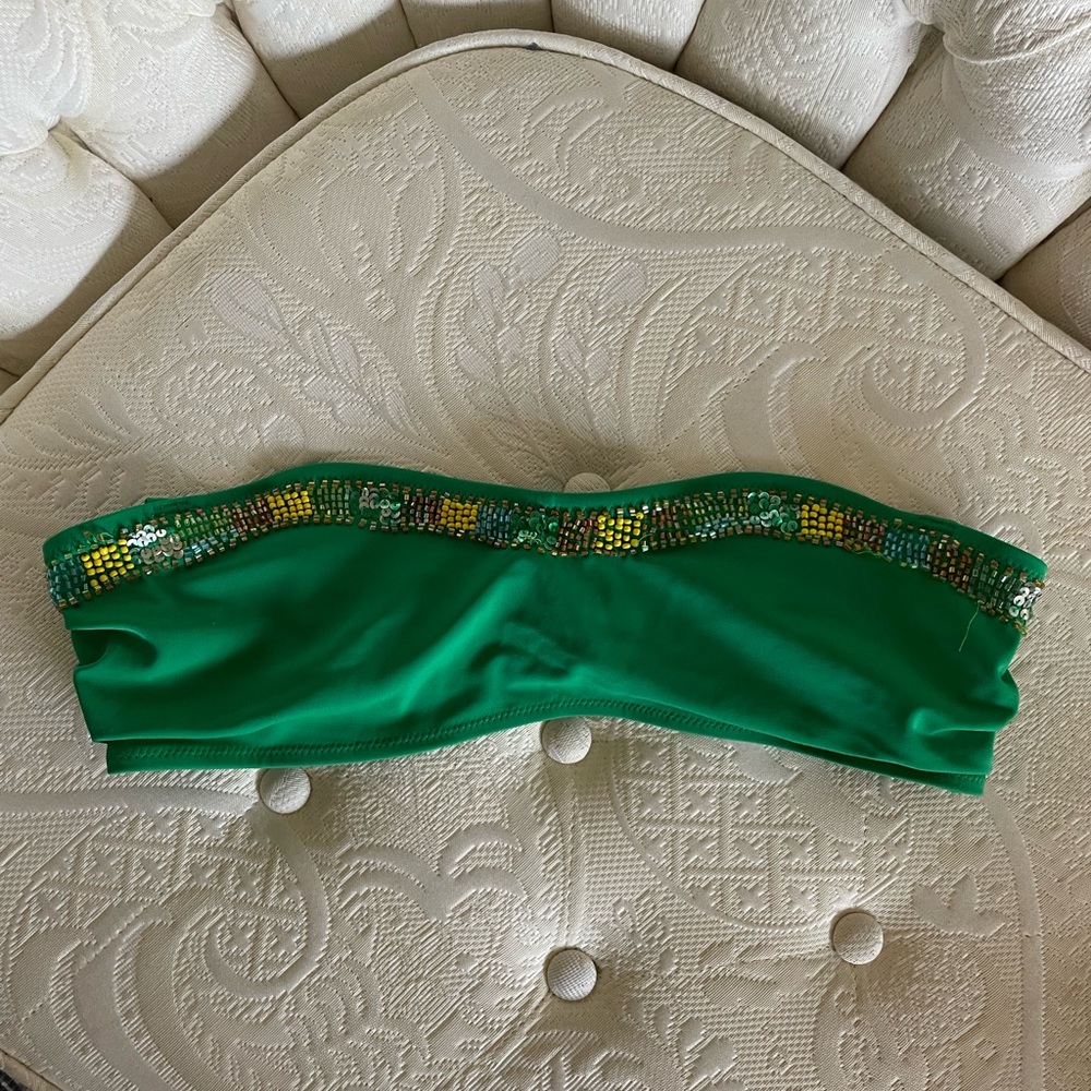 Green Sequin Embellished Bandeau Bikini Top